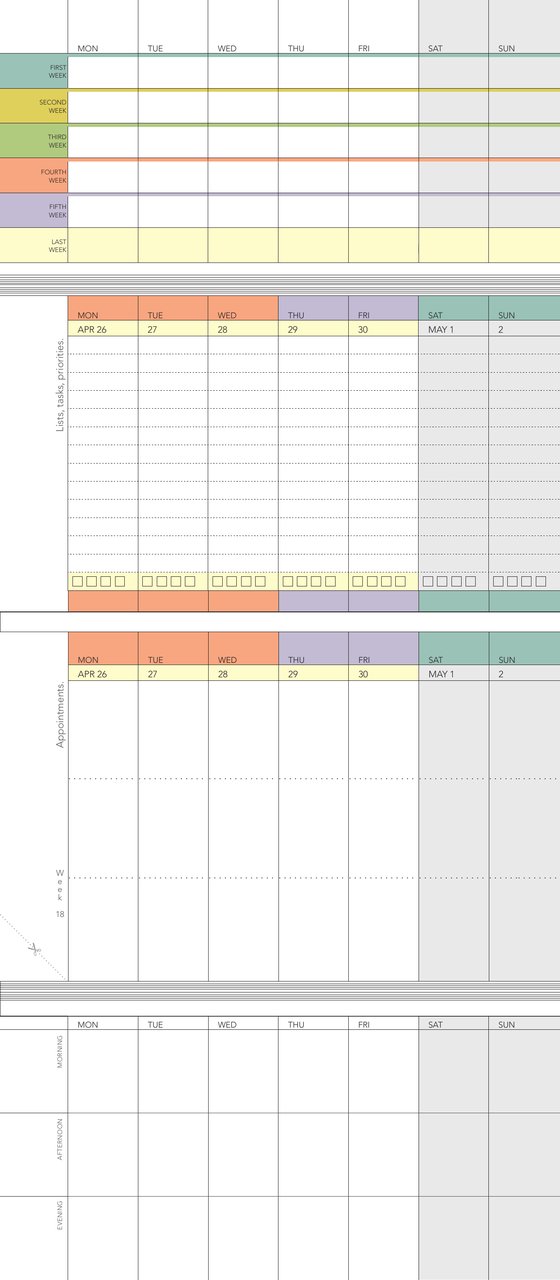 Inside the full-color 2027 WeekDate — monthlies, specifics, and weeklies in one open view
