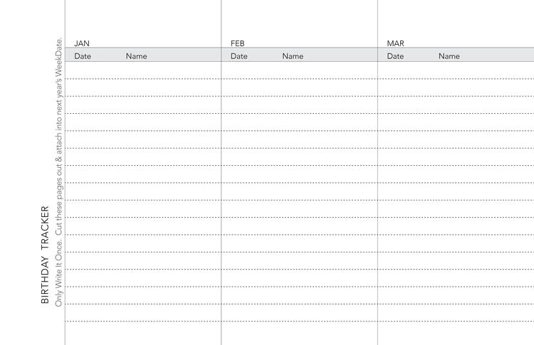 WeekDate Whenever weekly paper planner — Birthday trackers page